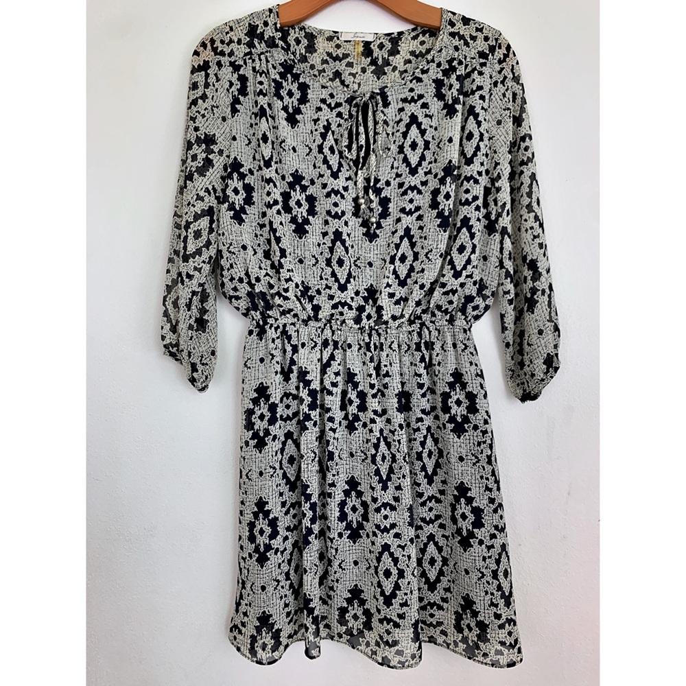 Soprano Dress M White Blue Aztec Sheer Elastic Waist Puff Sleeve Boho Party